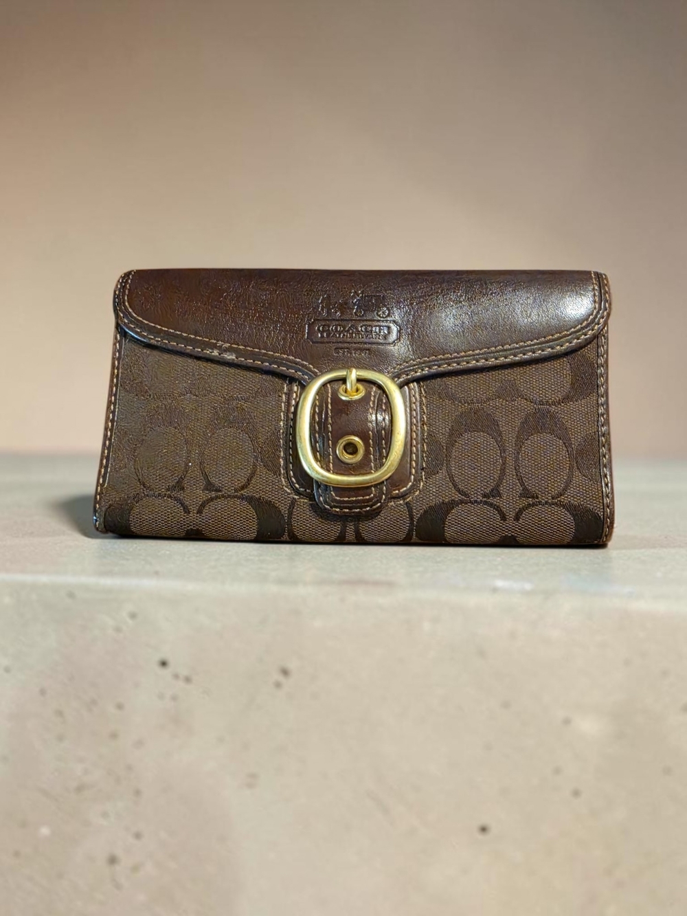 Coach Brown Signature Wallet with Gold Buckle